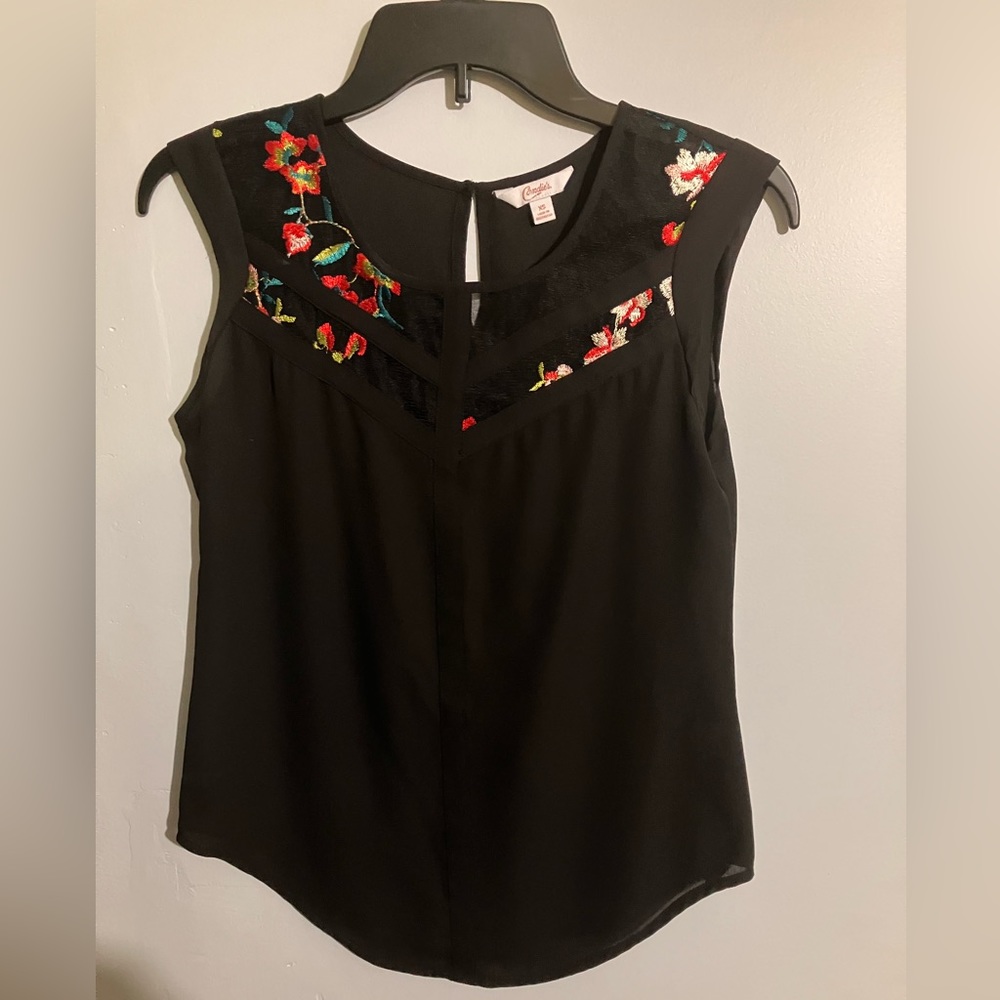 Candies black sheer blouse with lace and floral stitch details. Size XS